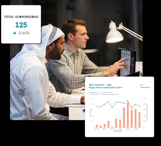 Two colleagues reviewing a dashboard